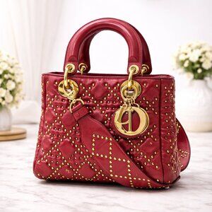 Authentic Christian Dior Lady Dior Studded Red Leather Bag Small Cannage Handbag